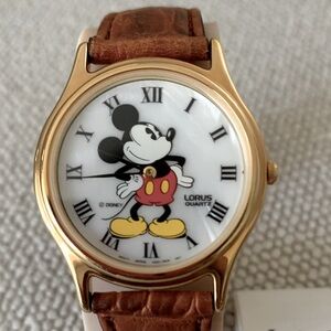 Disney LORUS Mickey Gold Watch with Brown Leather Strap